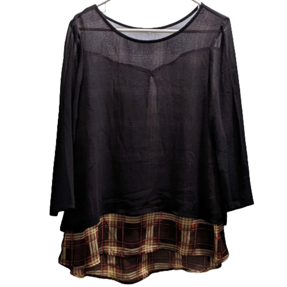 BOGO SALE! Black-Over-Brown-Plaid Blouse with Flowy Layers and 3/4 Sleeves, L